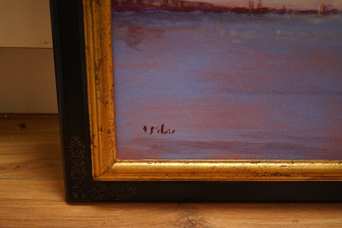 Continental School, 20th century, A boat off the coast, indistinctly signed lower left, oil on board, 68 x 78cm